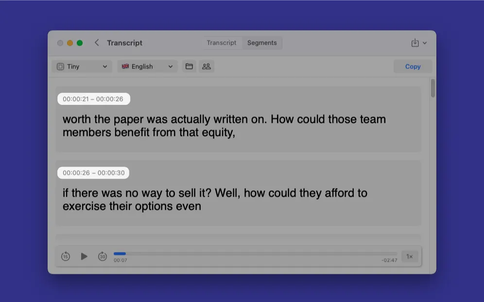 MeetMic 1.4 – Advanced Segment Editing - \
View both start and end times