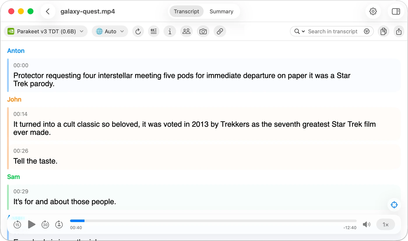 A video transcript in MeetMic with timestamped, speaker-labelled lines