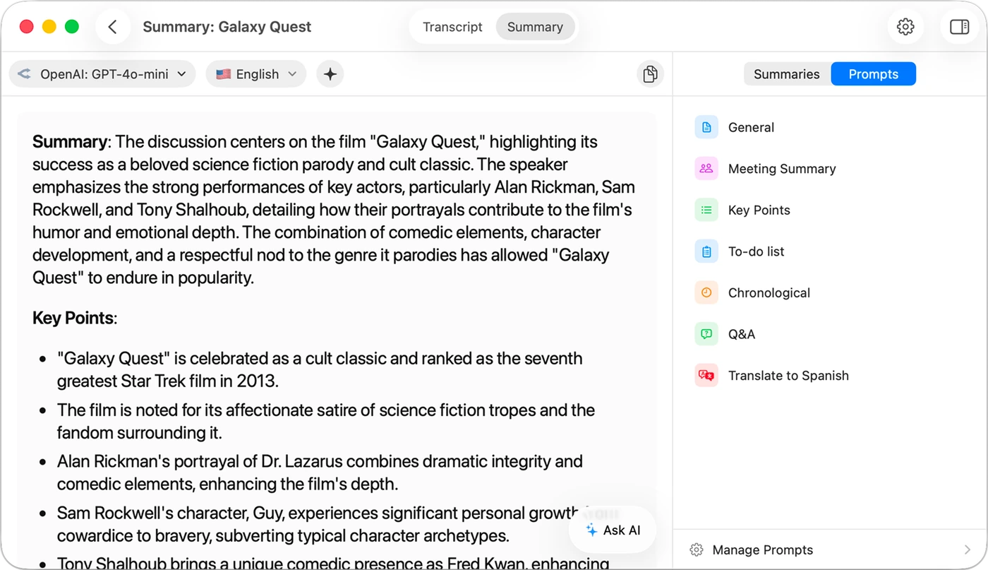 An AI-generated summary and key points produced from a transcript in MeetMic