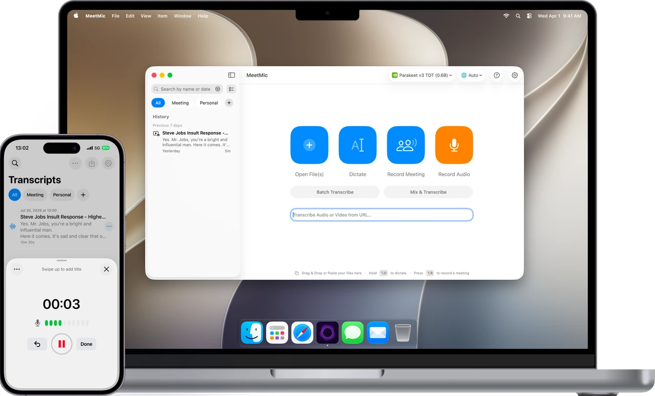 MeetMic on an iPhone recording a voice note, next to a MacBook Pro running the Mac app